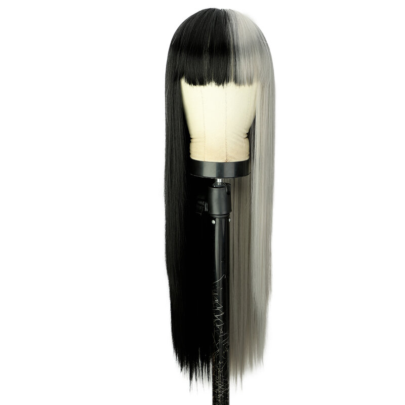 Peruca de cabelo liso sintético com franja para mulheres, preto, prata, Lolita Cosplay, aparência natural, adequado para festa diária