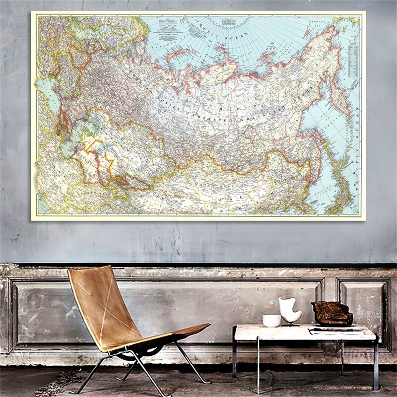 Vintage World Map 90*60cm Antique Poster Retro Painting Map of Russia 1944 Home Decoration World Map Picture Wall Stickers