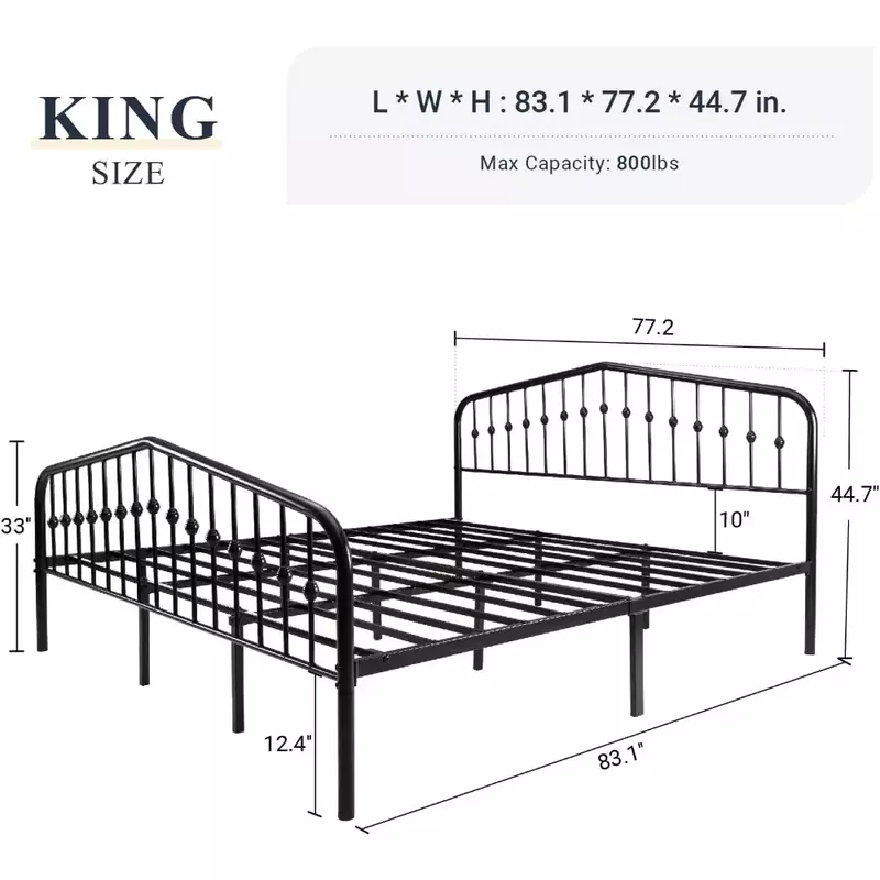 โครงเตียงพร้อมหัวเตียงเหล็กดัดสไตล์วินเทจและที่วางเท้าประกอบง่ายโครงเตียงโลหะไม่ต้องใช้กล่องสปริง