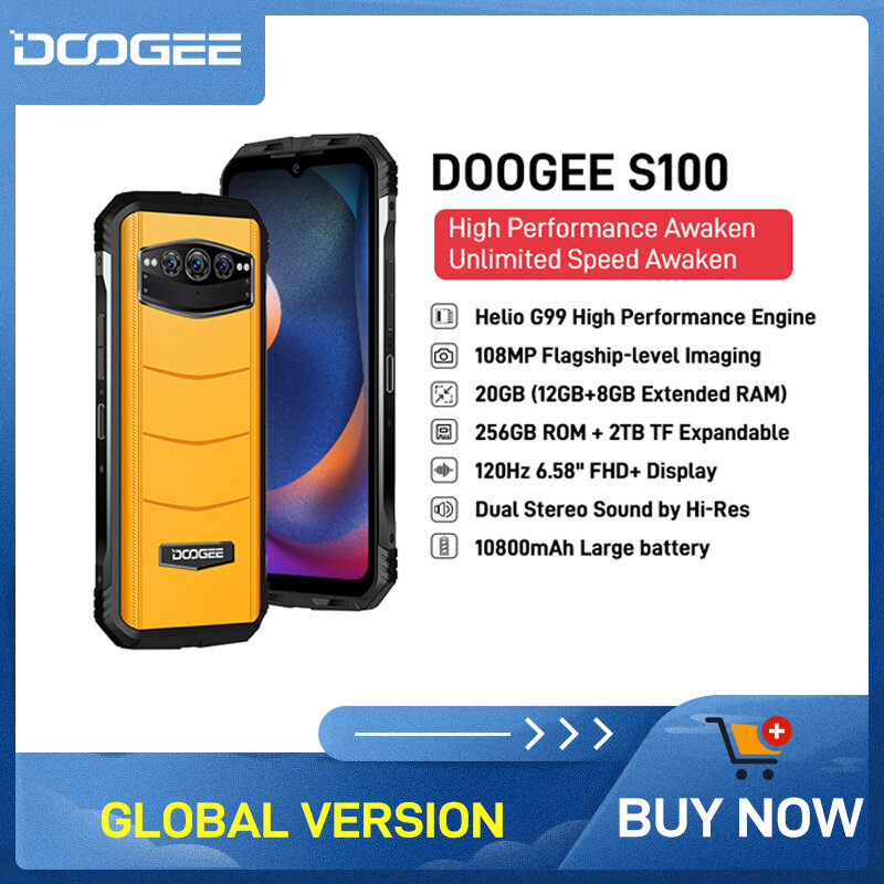 DOOGEE S100 Rugged Phone 6.58" 120Hz Helio G99 Octa Core 32MP Front Camera 108M Ai Main Camera 66W 10800mAh Battery Phone