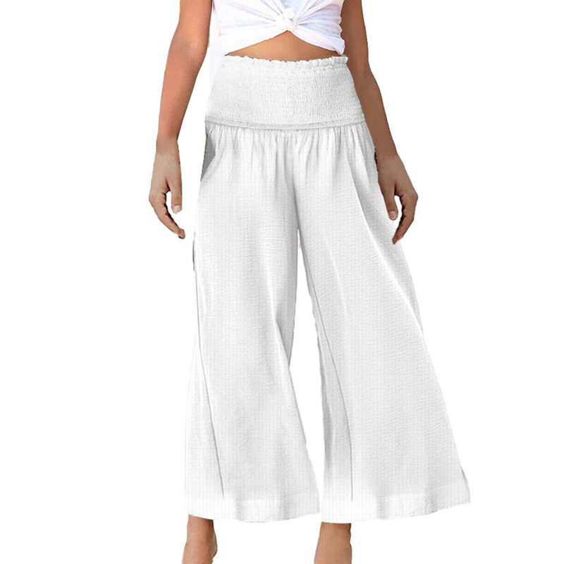 Fashion Daily Indoor Women Pants Trousers Beach Elegant Cotton High Waist Linen Tyle Elastic Waist Wide Leg Long