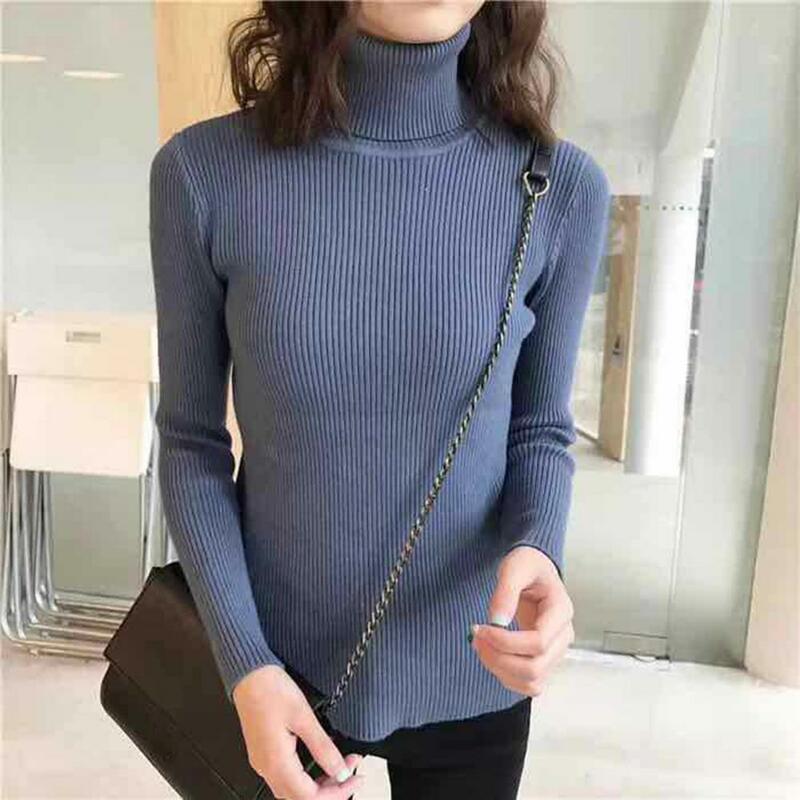 Elastic Sweater Women Pullover Sweater Chic High Collar Knitted Warm Elastic Solid Color Slim Fit Pullover Long Sleeve Sweater