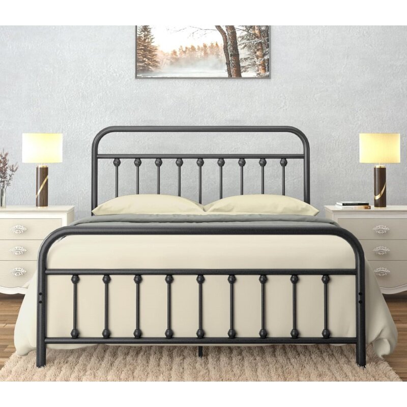 CastleBeds-Marco de cama de Metal Vintage Queen con cabecero y plataforma de reposapiés, hierro forjado, servicio pesado, listón de Metal sólido, texturizado