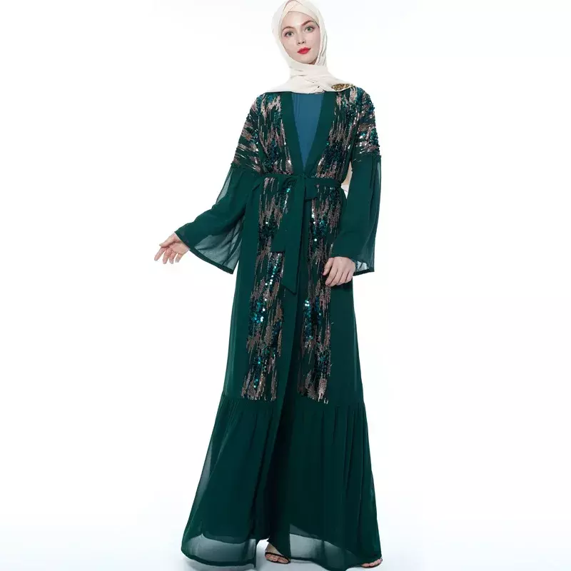 Vestido muçulmano médio oriente lantejoulas costura cardigan muçulmano mulheres manga longa chiffon vestido aberto dubai abaya turquia moda muçulmana