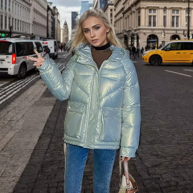 2023 Winter Jacket Women's Glossy Short Korean Style Bread Clothes Thickness Warm Down Cotton Parkas Loose Hooded Casual White