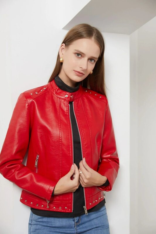 Jaket kulit kerah berdiri fashion rivet baru pakaian wanita s s-5xl warna solid jaket santai wanita jaket musim semi dan musim gugur 2024