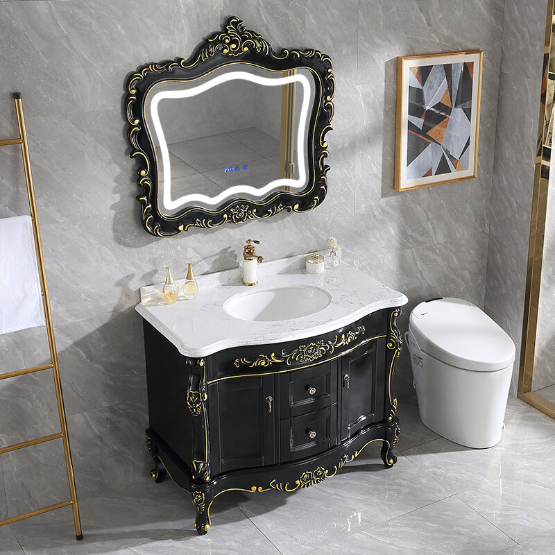 Armario de baño europeo negro, mueble de roble combinado, lavabo francés, lavabo de mano