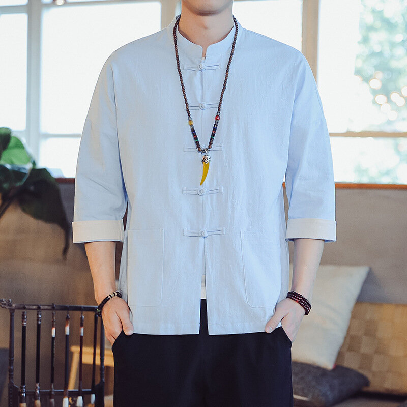 Tang Chinese Style Men's Cotton and Linen Colour Blocking Shirt 2023 Harajuku Casual Tops Hanfu Pan Button Kung Fu Clothing