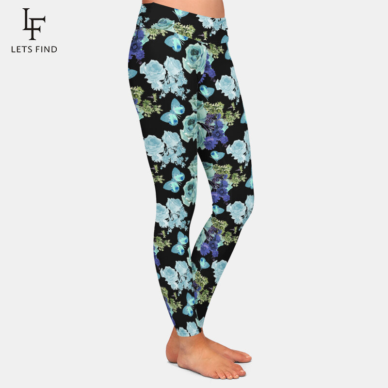 LETSFIND-Leggings de cintura alta para mujer, pantalones con estampado de flores y mariposas, ajustados, color negro