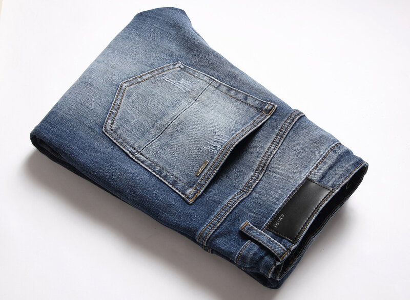 กางเกงยีนส์ผ้ายืดสำหรับผู้ชายมีรอยขาดและรอยขาดตรงจากผู้ผลิตแฟชั่น
