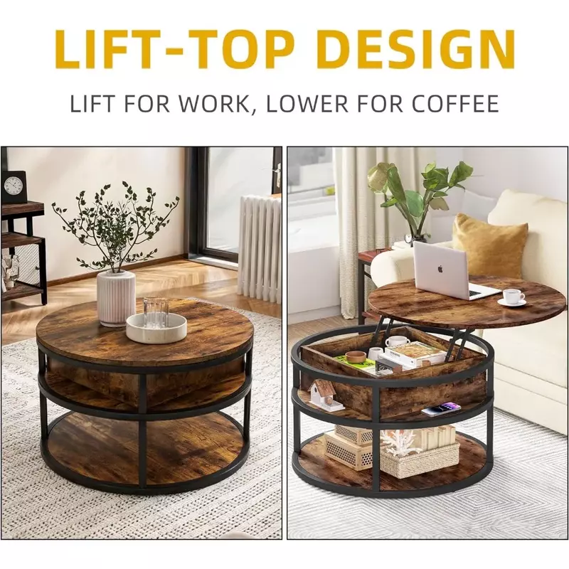 Tavolini rotondi per soggiorno, tavolino elevatore con contenitore, tavolino da caffè in legno rustico, tavolini circolari, rustici