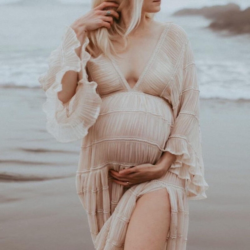 ชุดเดรสยาวสำหรับอุปกรณ์ถ่ายรูปชุดกระโปรงแขนยาวตั้งครรภ์ผ้าลูกไม้ลายใบบัวสำหรับหญิงตั้งครรภ์