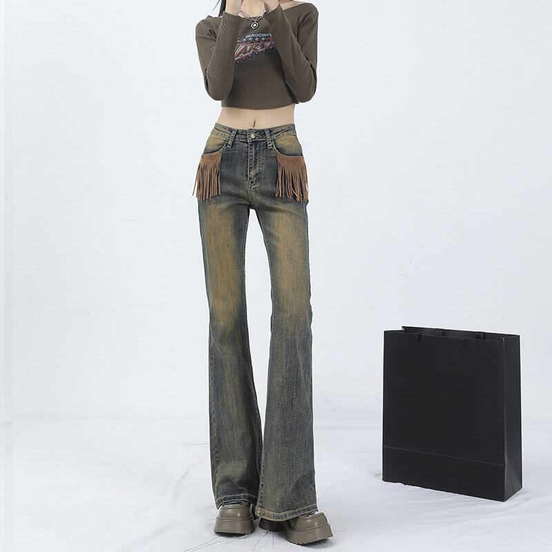 Jeans de perna reta feminina, com franja solta, calça na moda que combina com tudo, streetwear vintage, novo, 2023