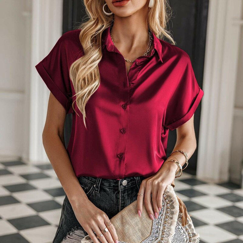 2024 Summer Satin Shirts Women Short Sleeve Button Up Shirts Ladies Office Solid Color Loose Silk Shirt Blouse For Women