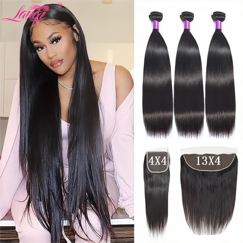 Straight Human Hair Bundles With Closure Brazilian Remy Hair Weave 3/4 Bundles With Frontal Natural Color Hair Extensions
