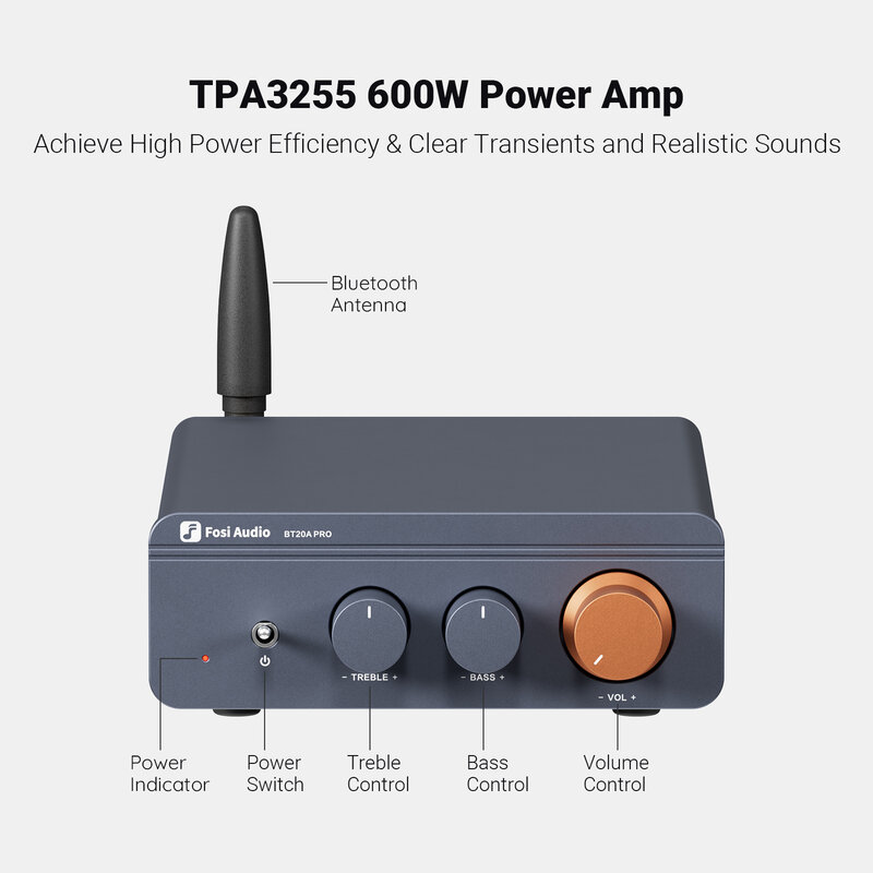 Fosi Audio BT20A Pro TPA3255 penguat daya suara Bluetooth 300W x2 Mini HiFi Stereo Kelas D Amp Bass Treble untuk teater Rumah