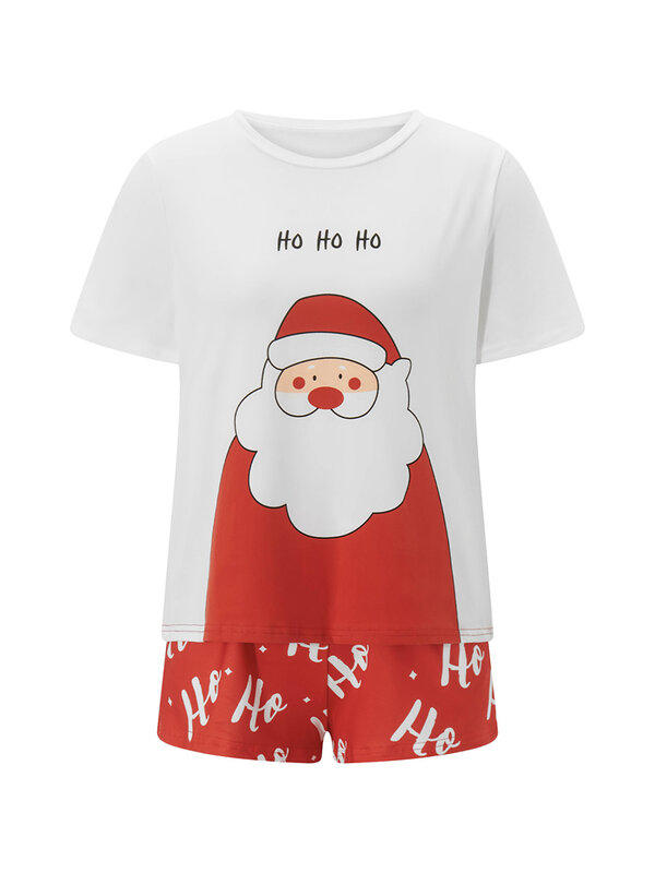 Women Christmas Pajamas Lounge Set Santa Print Short Sleeve Tops And Letter Print Shorts 2 Piece Loungewear Outfits