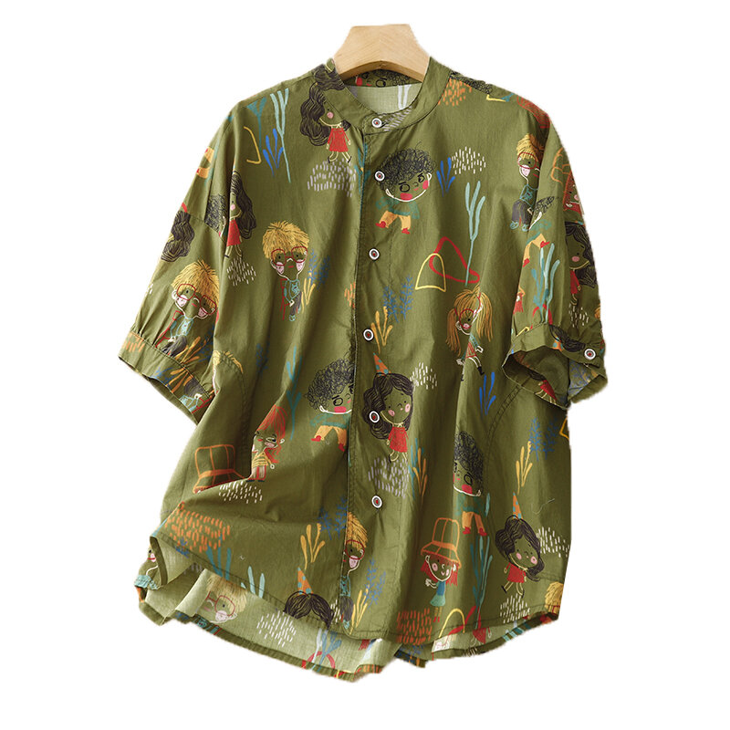 Japońska koszula z nadrukiem z krótkim rękawem damska 2023 letnia nowa słodka stojący kołnierz bawełniana cienka luźna koszula damska bluza