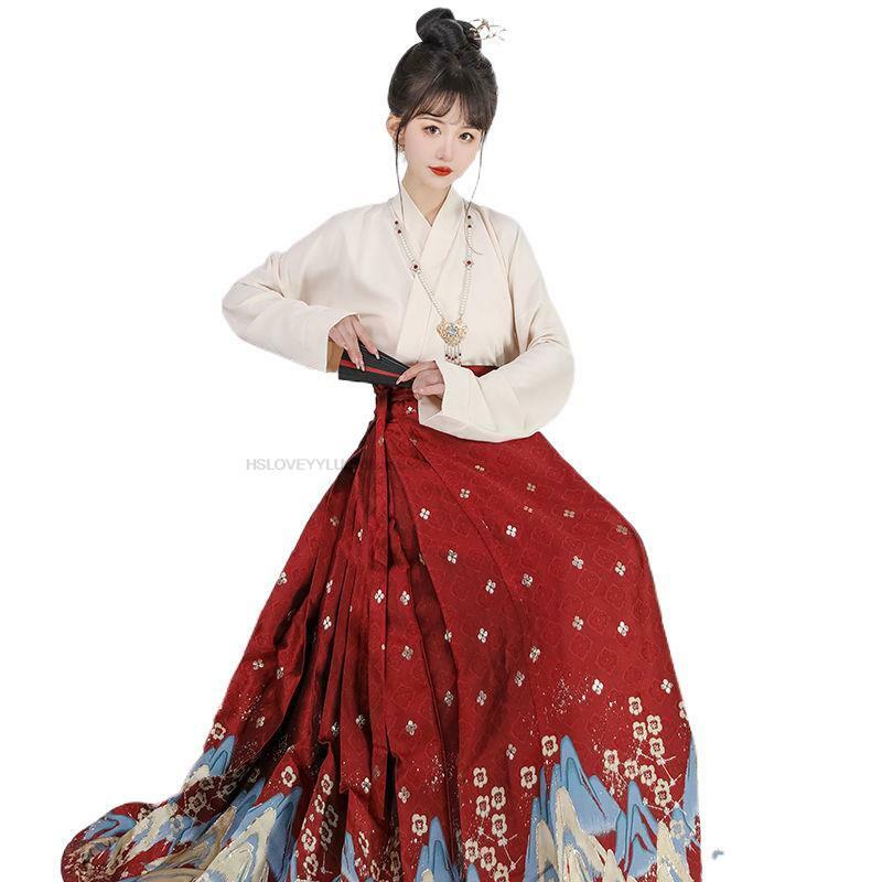 Vestido Hanfu de la dinastía Ming para mujer, ropa tradicional china, falda de cara de caballo, tejido dorado Vintage, vestido de Cosplay