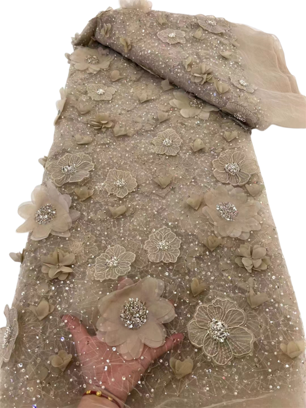 결혼식용 노란색 아프리카 3D 레이스 원단 하이 퀄리티, 프랑스 럭셔리 다이아몬드 비즈, 나이지리아 스팽글, 3D 꽃 얇은 명주 그물 레이스