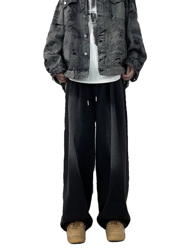 Celana Jeans pria 2024 W275, celana Denim lurus Retro Hip Hop jalanan tinggi longgar kaki lebar warna kontras gradien
