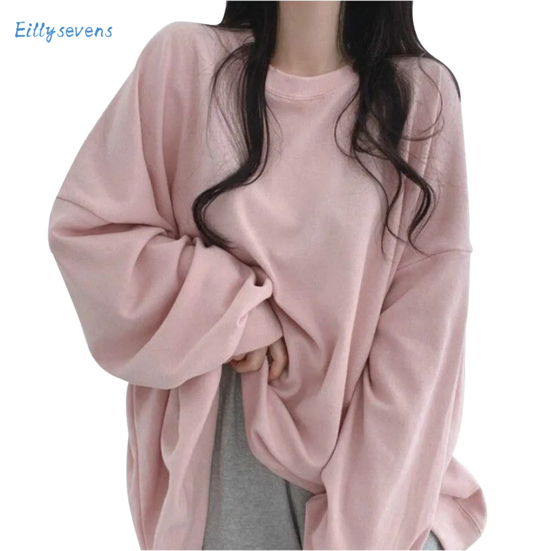 Pullover wanita kasual serbaguna, kaus atasan warna polos lengan panjang longgar leher bulat modis Harian Wanita