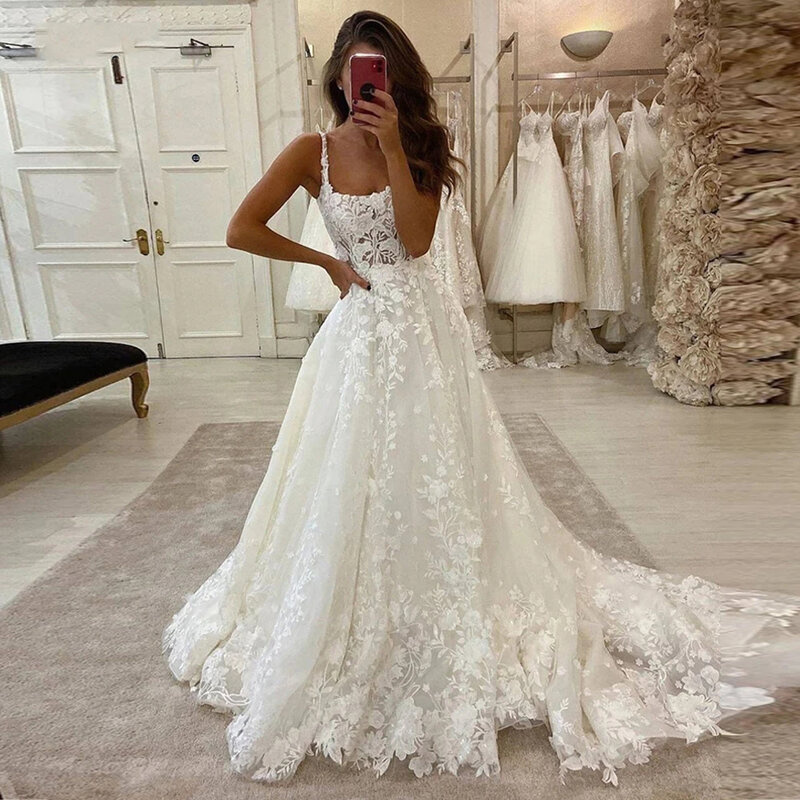 Sweetheart Off Shoulder Sleeveless Princess Wedding Dresses A Line Bride Gowns Lace Flowers Applique Bridal Dresses Custom 2023