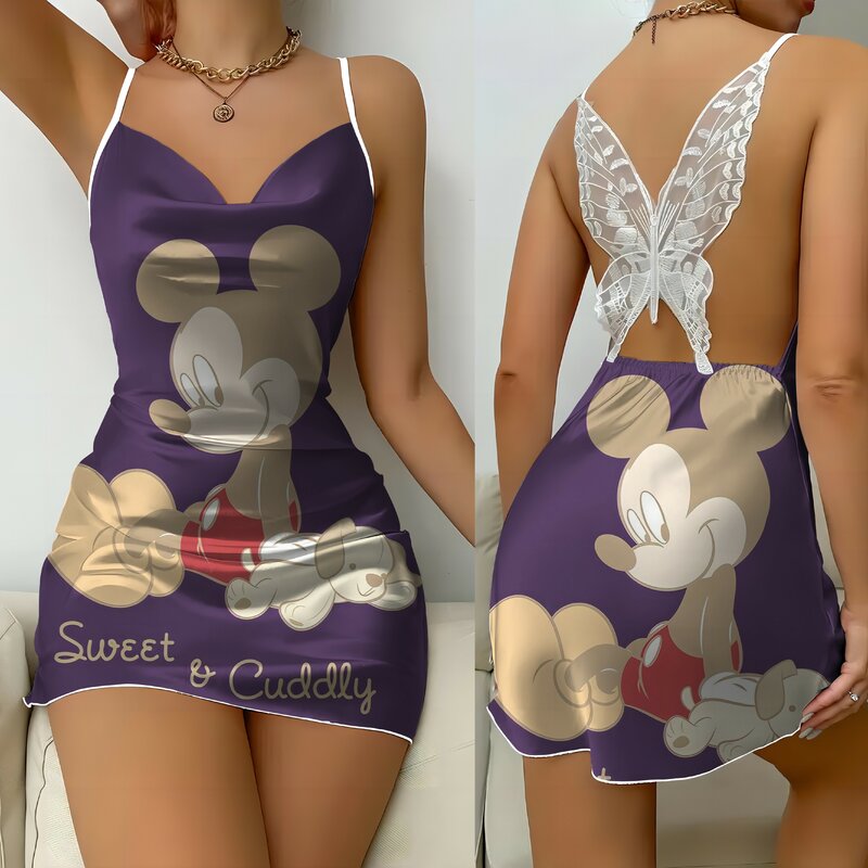 Backless Dress Pajama Skirt Womens Dresses Minnie Mouse Satin Surface Disney Bow Knot Mickey Fashion Summer 2024 Party Mini Sexy