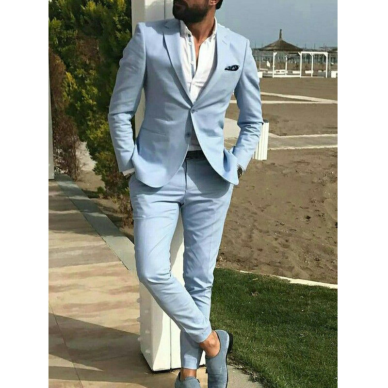 Traje de playa de lino azul cielo para hombre, esmoquin ajustado de 2 piezas para novio, chaqueta con pantalones para boda, novedad de verano 2023