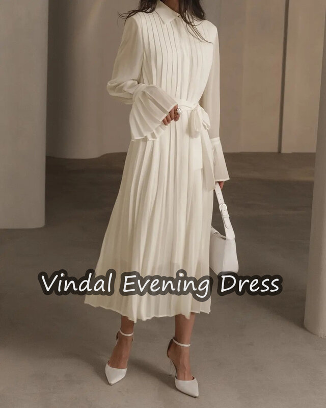 Vindal scollo tondo a-line abito da sera lunghezza tè Chiffon elegante reggiseno incorporato Arabia saudita maniche lunghe per donna 2024
