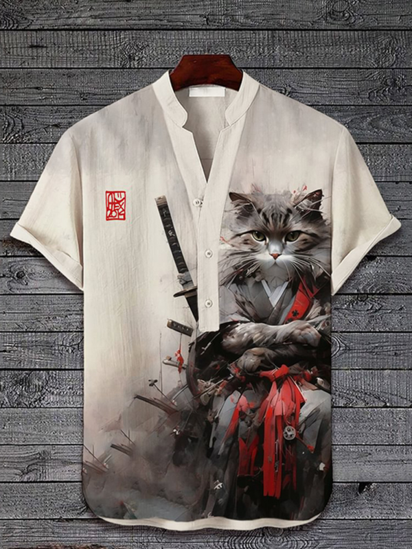 2024 Summer Cat Print Henry Shirt Dla Mężczyzn Popularna Męska Koszula z Krótkim Rękawem Moda Casual Oversize Hawajski Top Męski