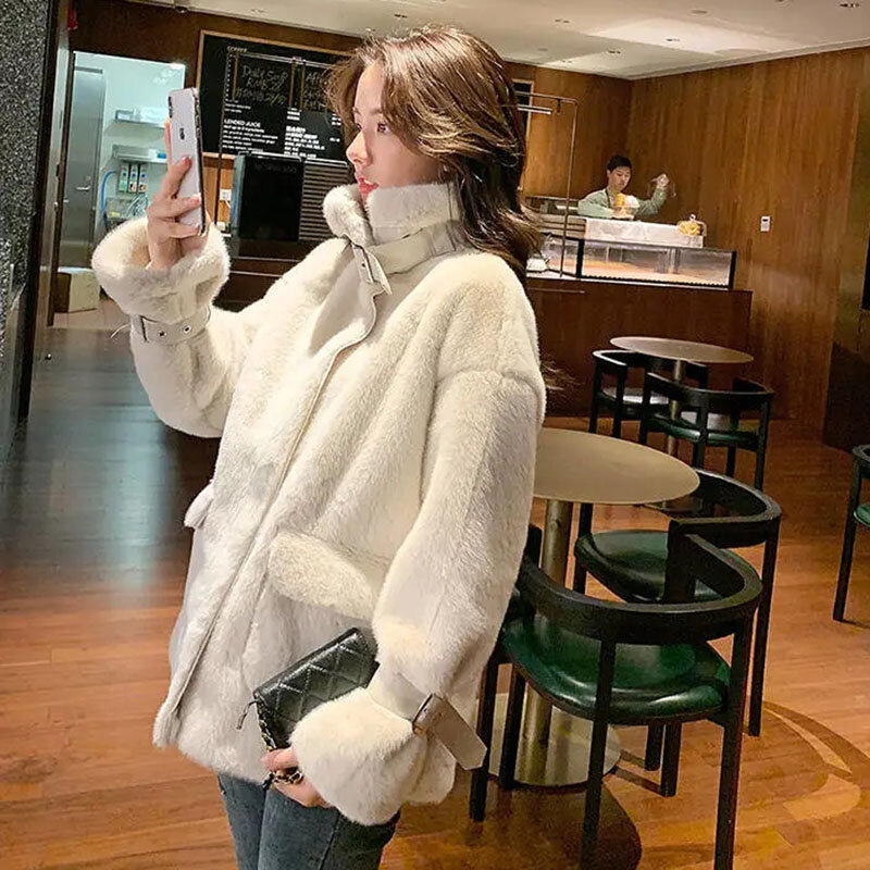 Moda coreana imitazione visone peluche Plus Size 4xl giacca per le donne invernali risvolto cerniera fibbia in pelle cappotto di pelliccia elegante Top allentato