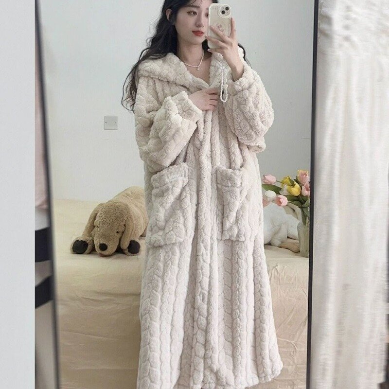Pocket Robe for Women Sleepwear Winter Nightdress Night Wears Warm Fleece Pajama One Piece Nightgown Hooded Sleeping Homewear