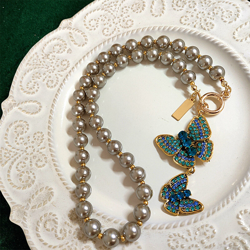 Женское ожерелье с подвеской-бабочкой, из стекла и жемчуга