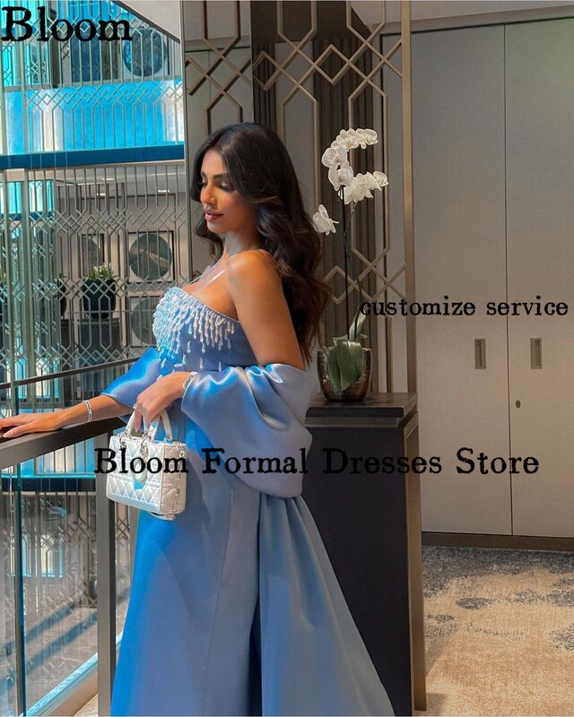 Bloom Crystal Beadings Satin Formal Evening Dresses With Cape Transparent Shoulder Straps Prom Dresses Wedding Party Dress