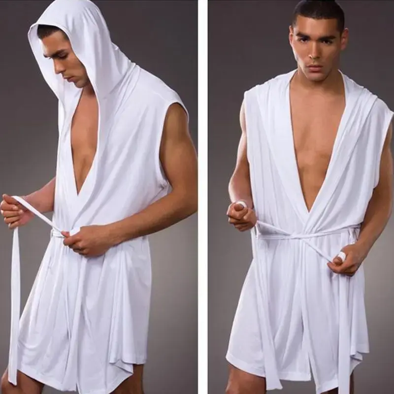 Fino roupão de banho confortável masculino, roupão de seda com capuz pijama, sem mangas, vestido sexy respirável, cor sólida, novo