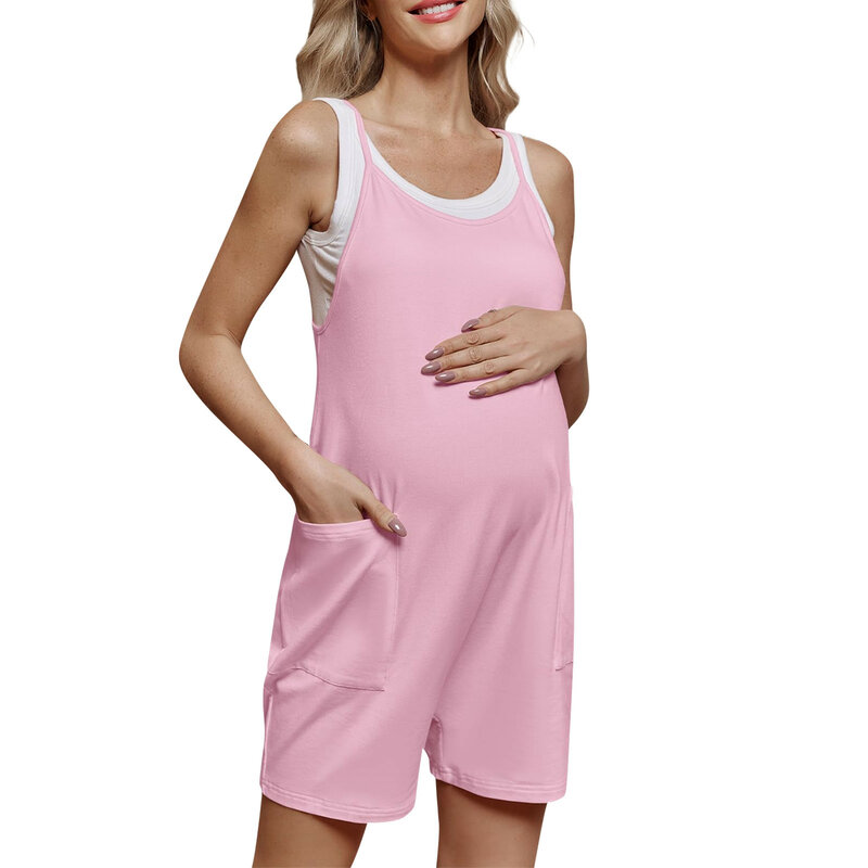 Maternity Shorts Jumpsuits Fashion Casual Spaghetti Strap Solid Color Jumpsuits With Pockets Soft Comfy Straight Jumpsuits