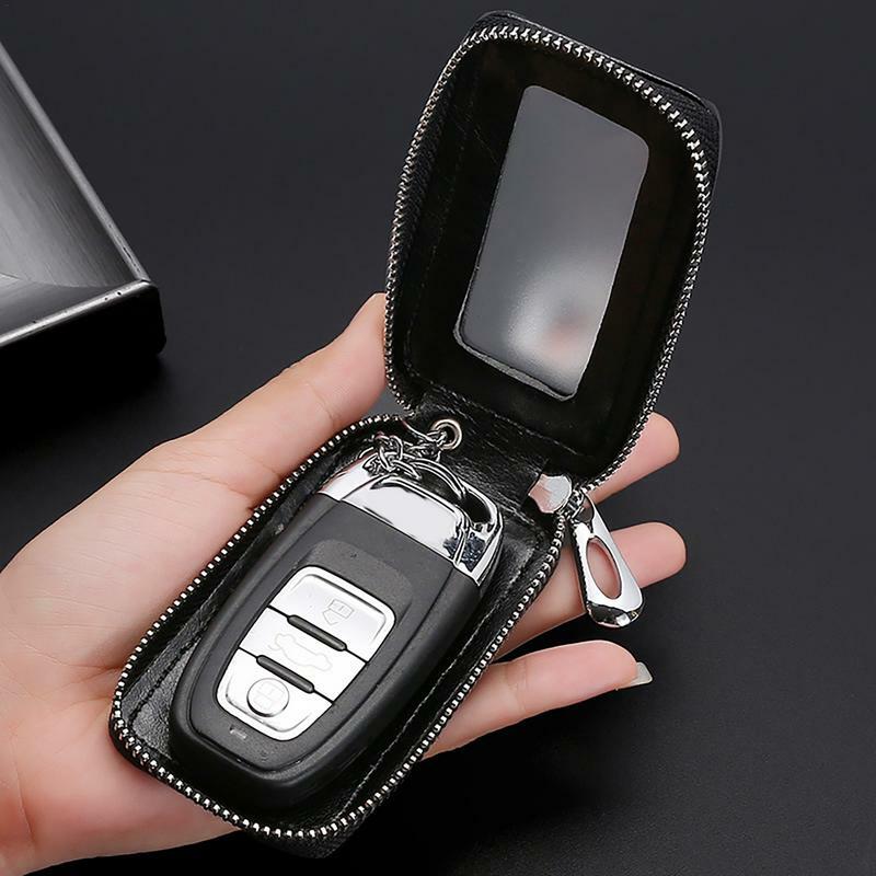Bolsa protectora de cuero para llaves de coche, funda de bolsillo Retro con espejo Visual, cartera con cremallera