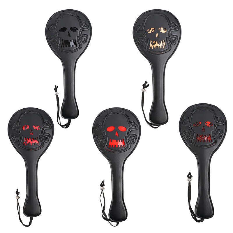 Hallowmas Skeletonized Head Spanking Paddles Round Leather Slapping Paddle Slap Butt Training Tool for Women and Couple Roleplay