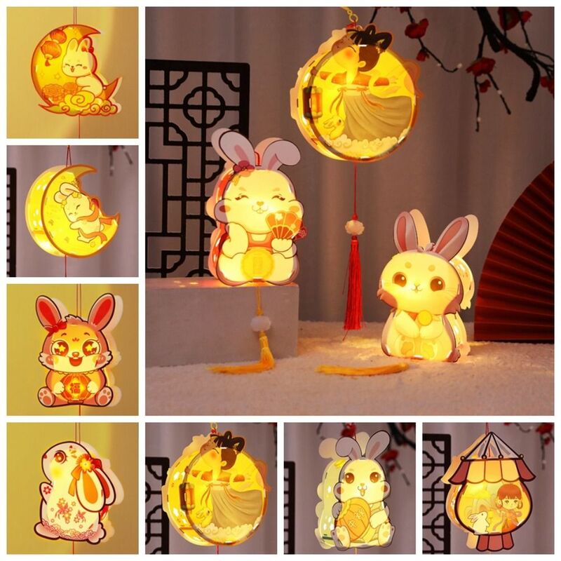 Lanterna de brilho portátil com enforcamentos brilhantes criativos, forma do coelho, festival do meio do outono, artesanal