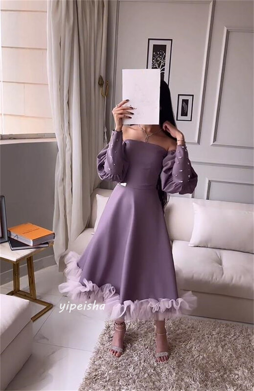 Ballkleid Saudi-Arabien Satin Perlen geraffte Abend a-line schulter freie maßge schneiderte Anlass Kleid Midi Kleider
