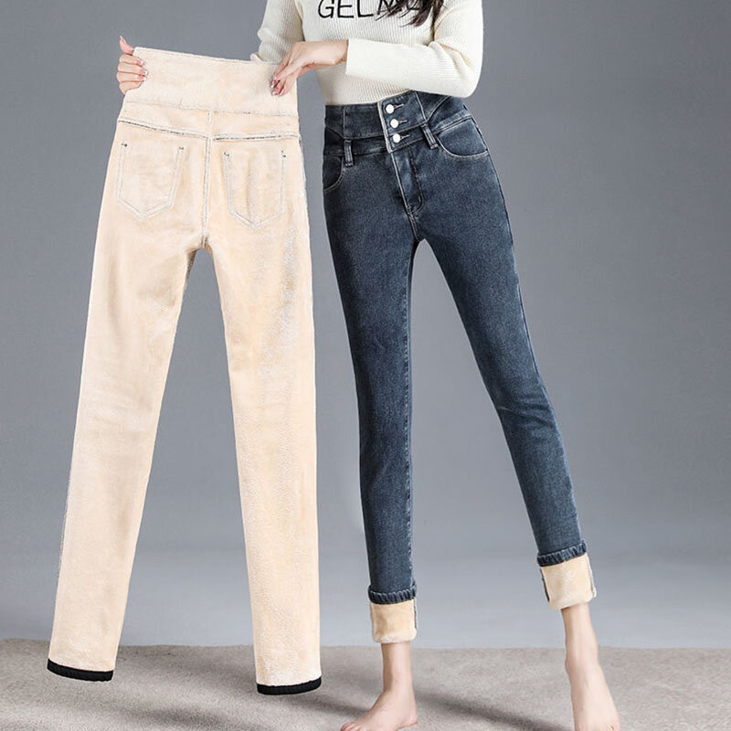 Zimowe gruba wełna owcza w stylu Vintage obcisłe jeansy z wysokim stanem, damskie, smukłe, ciepłe spodnie z polaru, spodnie ołówkowe na co dzień