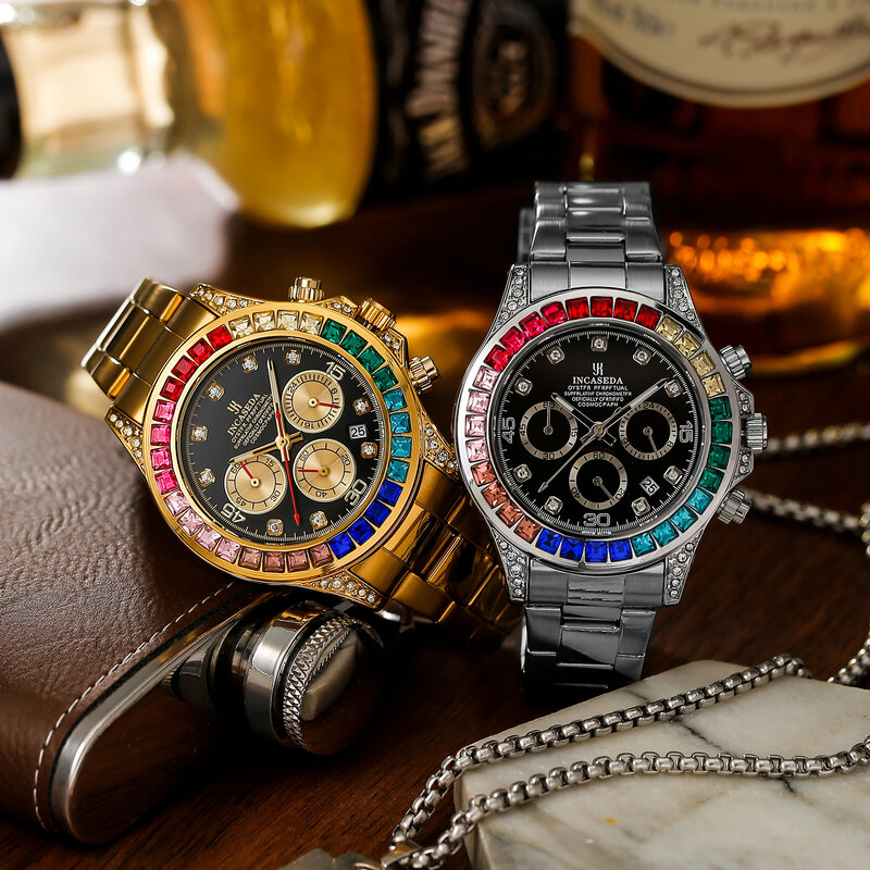 CASEDA-Relógio de quartzo impermeável de aço inoxidável para homens, cor luxuosa, diamante, ouro, novo, 2022