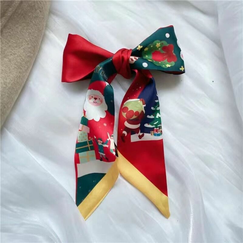 Red Christmas Silk Scarf Ribbon Headband Printed Long Scarf Collocation Clothing Accessories Santa Claus Scarf Hair Band Female