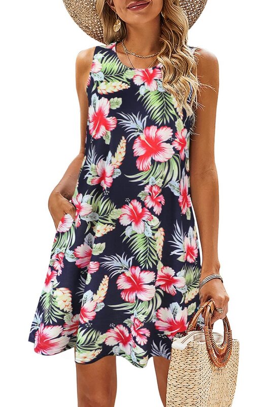 Gaun wanita musim panas, musim panas gaya Bohemian pantai tanpa lengan Retro bunga saku kaus rompi rok Suspender elegan