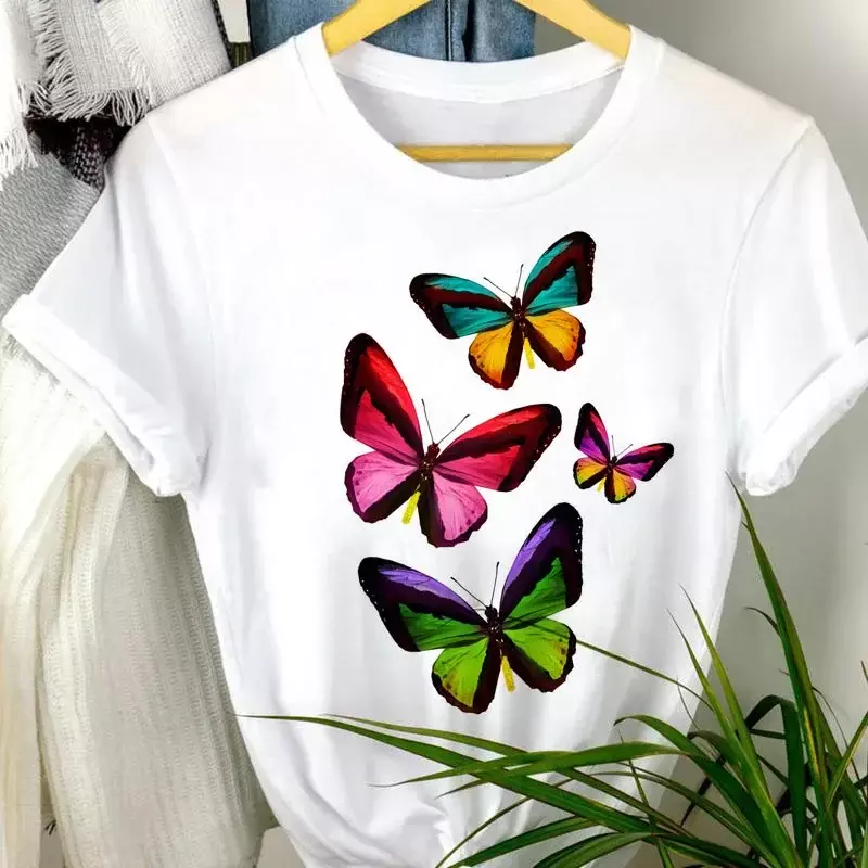 Europe and The United States Fashion Love Butterfly Trend Cartoon Women's Printed Round Neck T-shirt Top Graphic T Shirts Tops