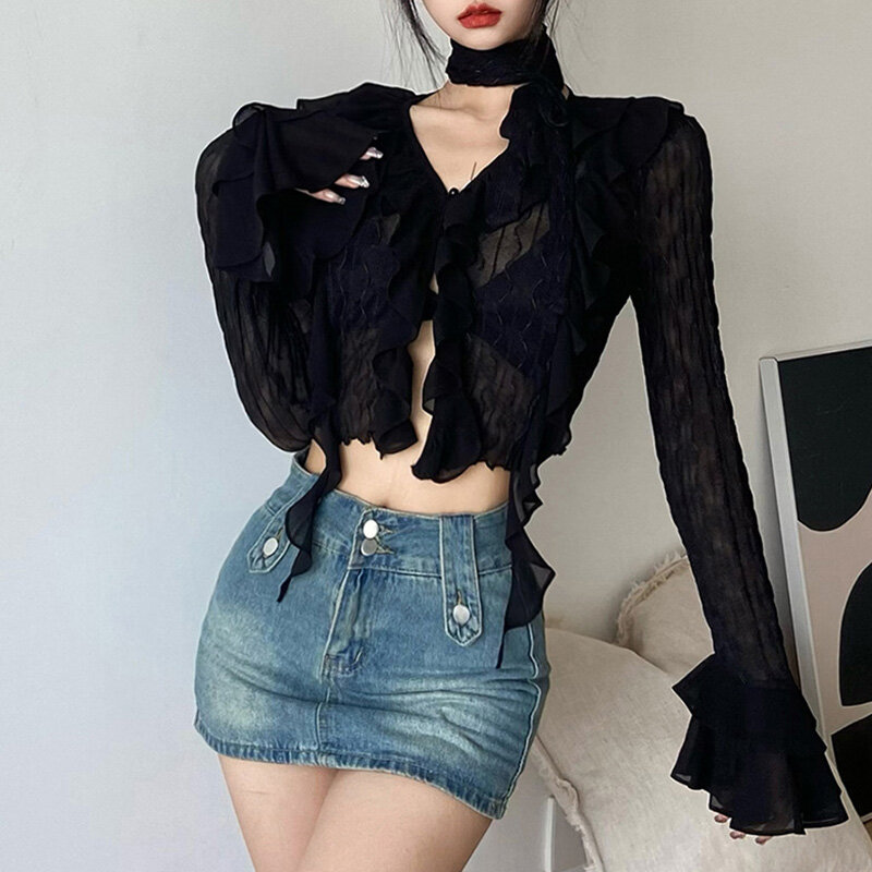 Women Lace Blouses  Y2k Crop Top Sexy Gothic GrungeFemale Shirts Elegant Black Transparent Cardigan Korean Streetwear