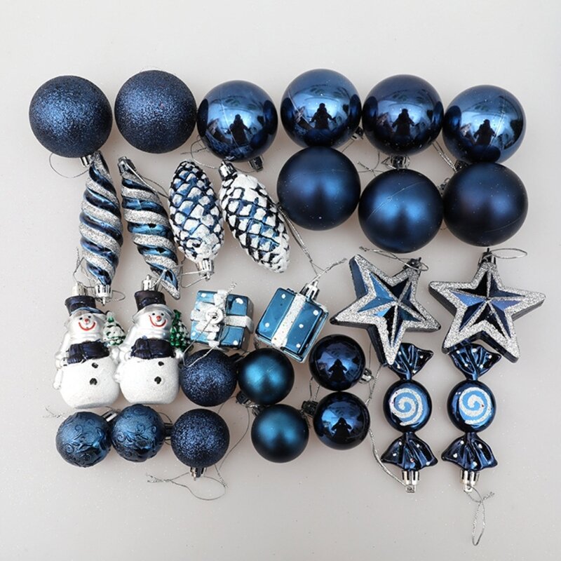 Pacote enfeites árvore com 29 pingentes estrelas bolas azuis para decoração festiva