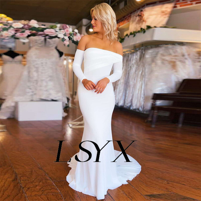 LSYX elegan Off-Shoulder Crepes putri duyung gaun pernikahan 2023 ritsleting belakang sederhana Court Train gaun pengantin buatan khusus