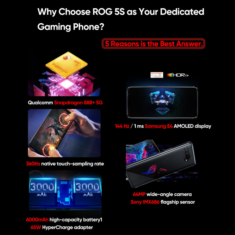 ASUS-ROG 5S, globalny ROM, 12GB, 128GB, Snapdragon 888 +, 6000mAh, 65W szybkie ładowanie, profesjonalna gra